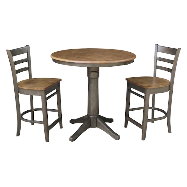 International Concepts Round 36 in Rd Extension Dining Table, 2 Counter Ht Stools, Hickory/Washed Coal, 36 in W, 48 in L K45-36RXT-27-S6172-2 - main
